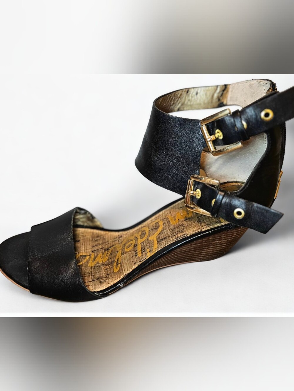 Sam Edelman Black Leather Ankle-Strap Wedge Sandal with Gold Buckles